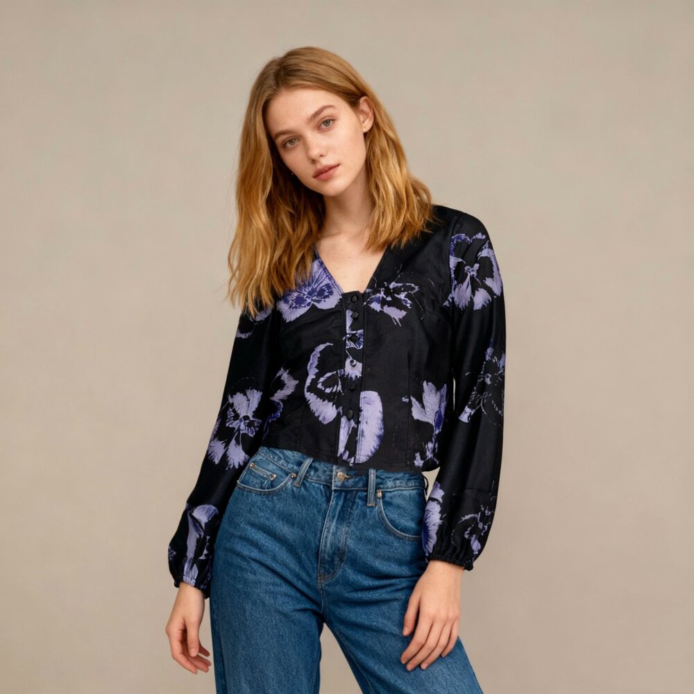 NWT BAUM UND PFERDGARTEN Miriana Floral Button Front Top In Purple Pansy Size 36